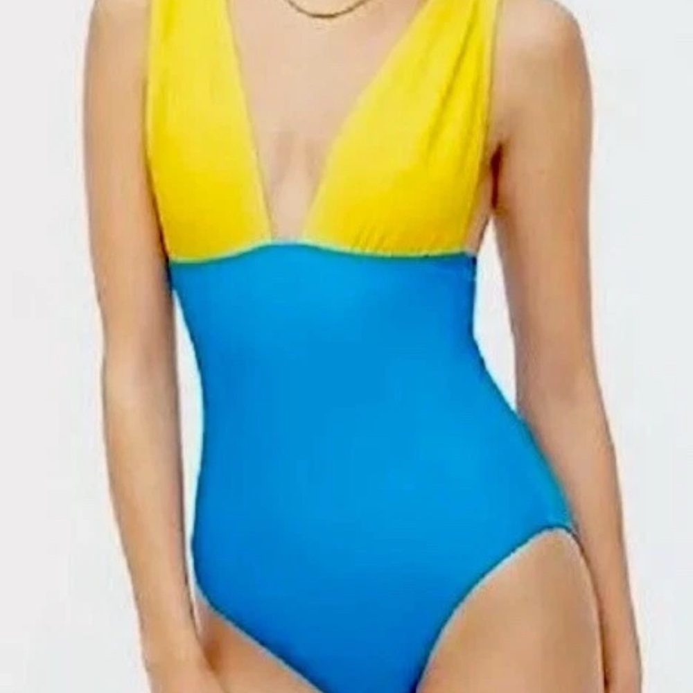 J. Crew Halter Plunge One Piece Swimsuit Blue Yellow Color Block VNeck Sz XL NWT